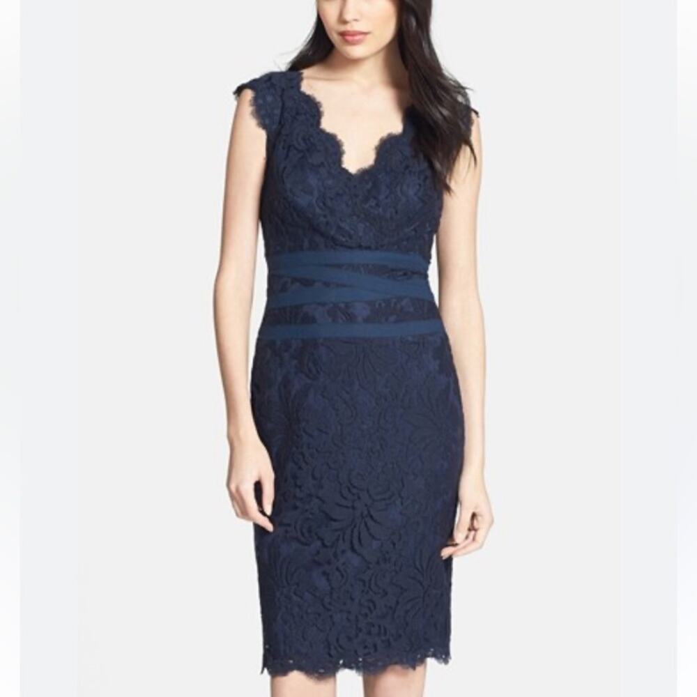 Tadashi Shoji Navy Blue V Neck Lace Floral Knee Length Sheath Dress 4
